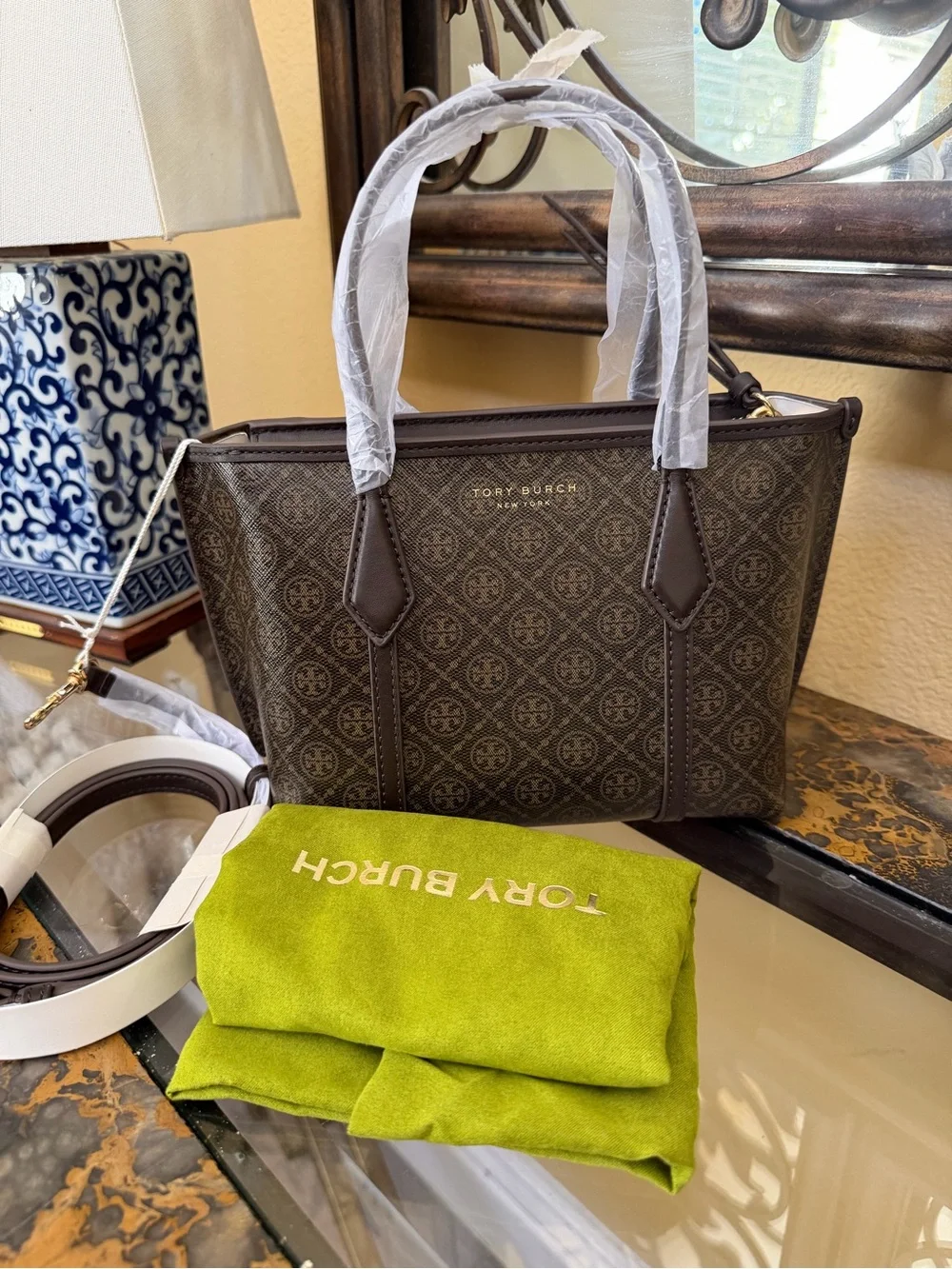 Tory Burch Brown Mini Perry Coated Canvas Tote
